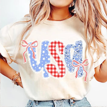 USA plaid/floral/bow tee